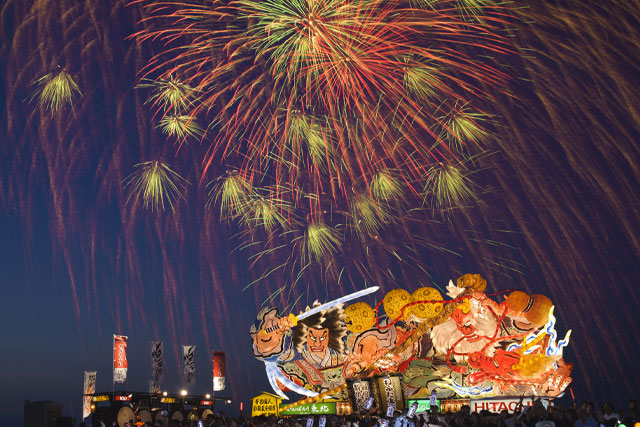Nebuta float parade on the sea and fireworks display